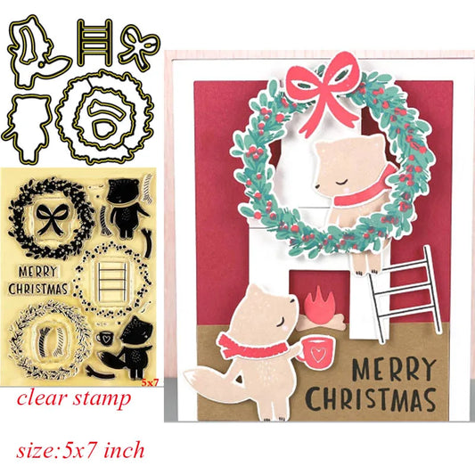 Metal Cutting Dies Clear Stamps  Fox Wreath Merry Christmas