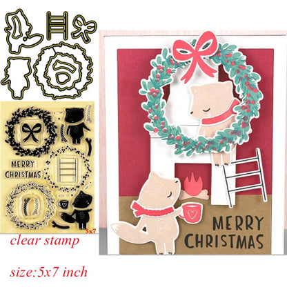 Metal Cutting Dies Clear Stamps  Fox Wreath Merry Christmas